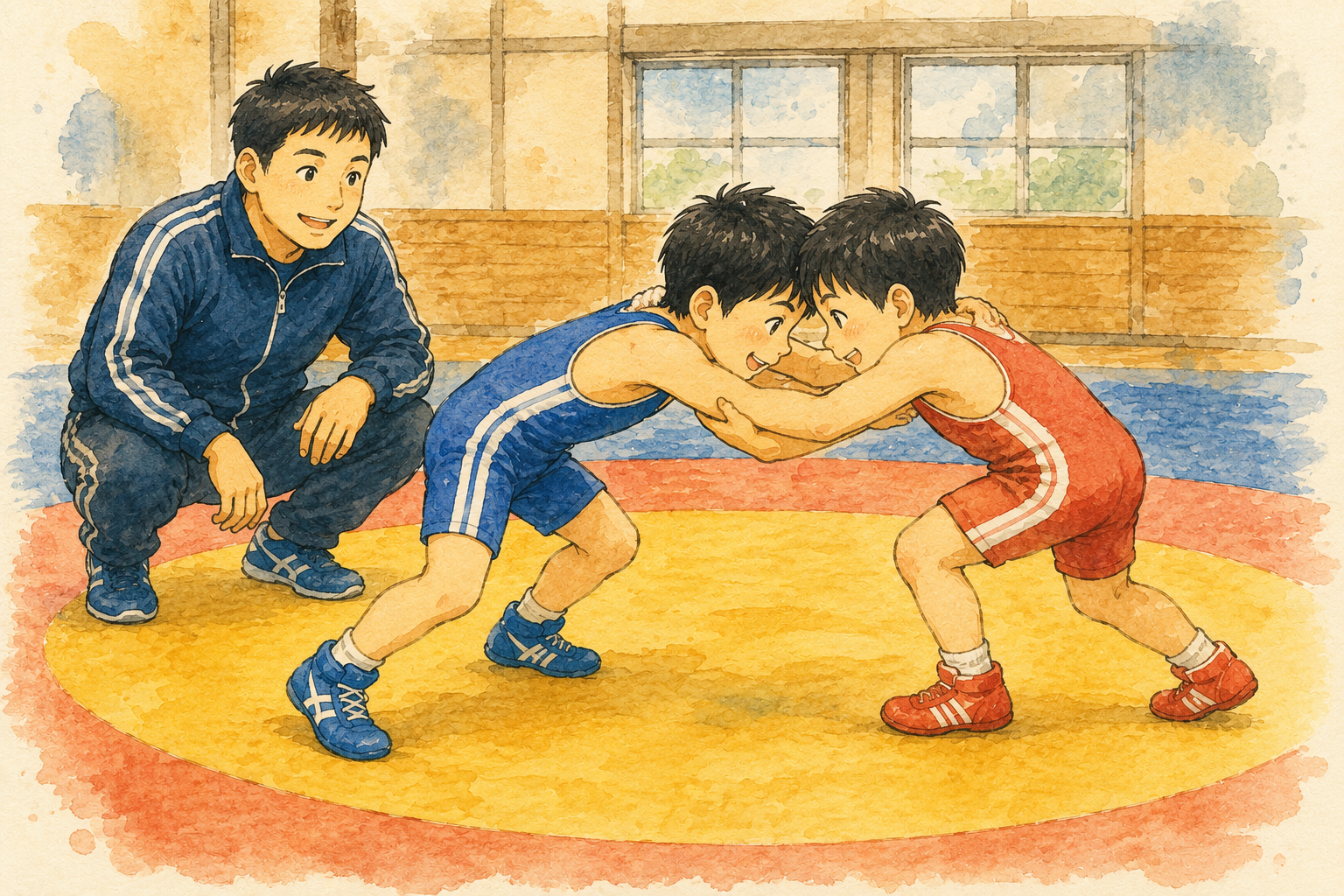 体育館のマットで頭をつけて組み合う小学生とコーチ