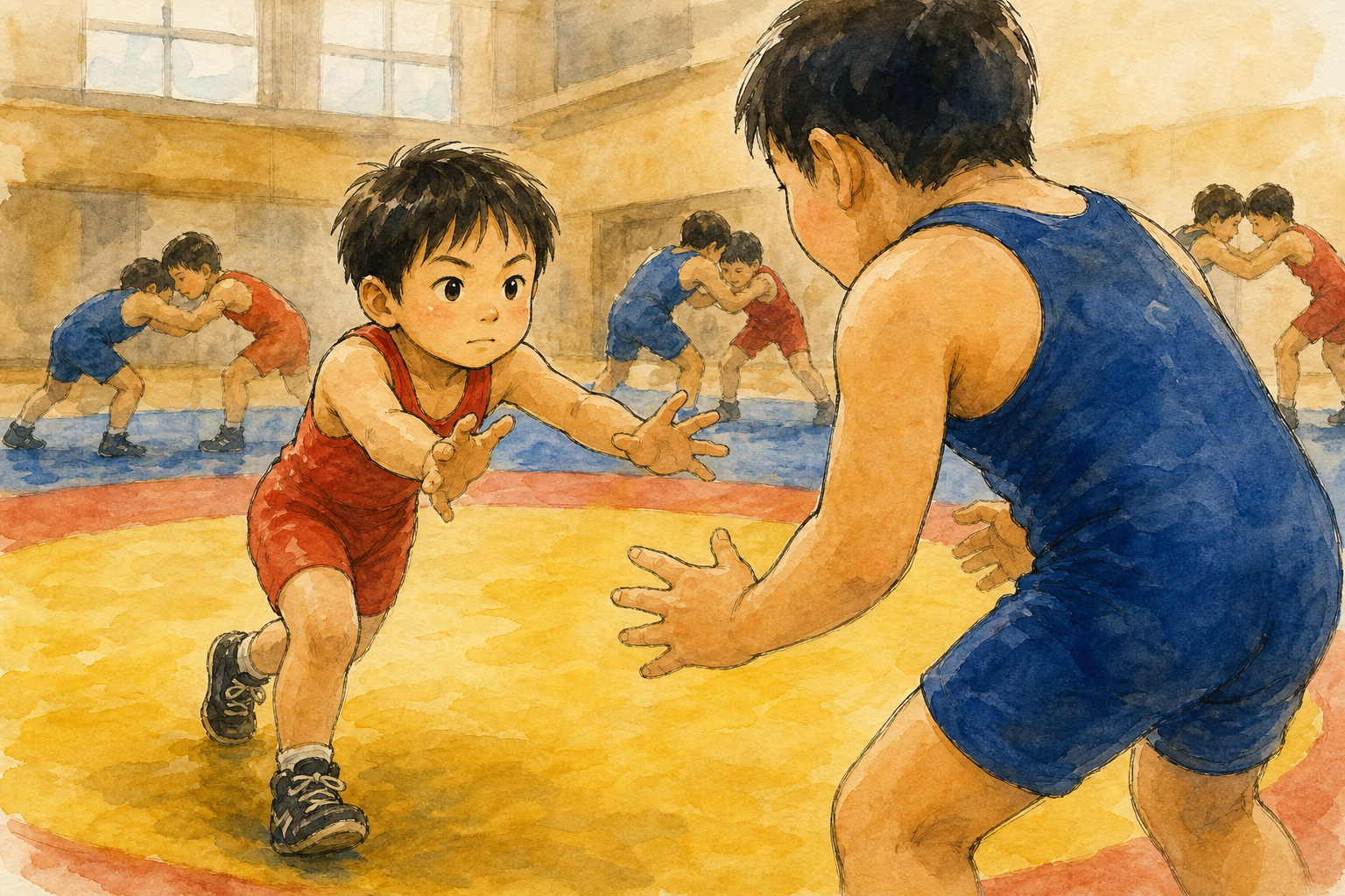 練習中、小さい子が自分より大きい子のところへ自分から組みにいく場面