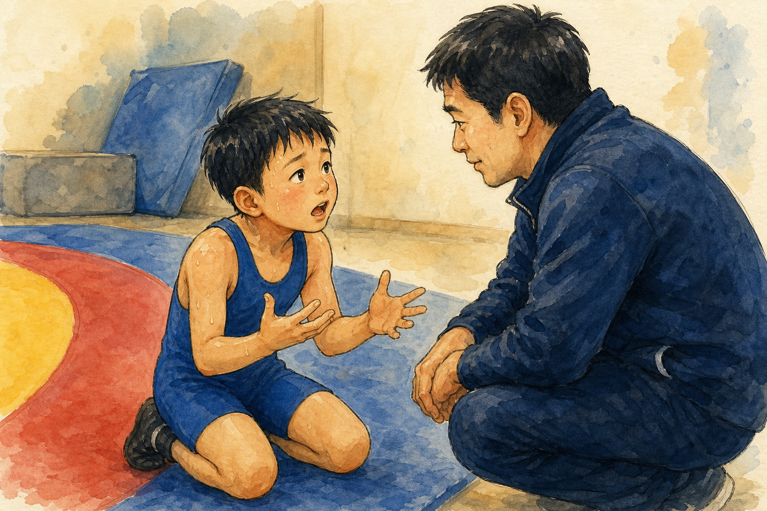 試合直後、しゃがんだコーチに身振り手振りで説明している小学生