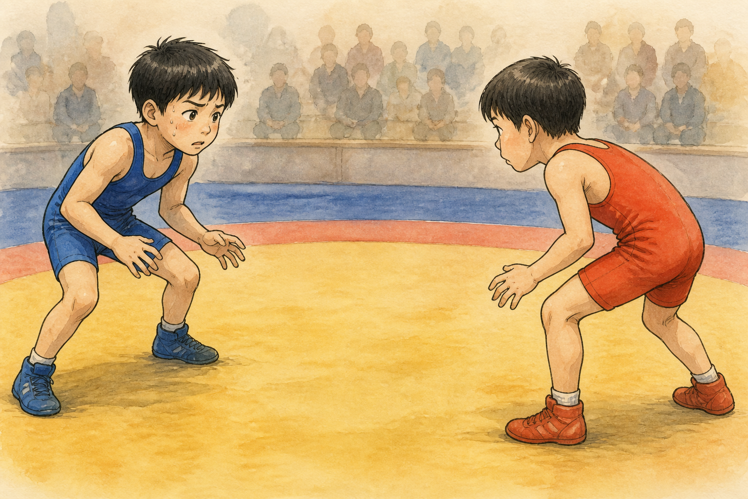 試合会場で、初めて対戦する相手と間合いが遠いまま構えている小学生