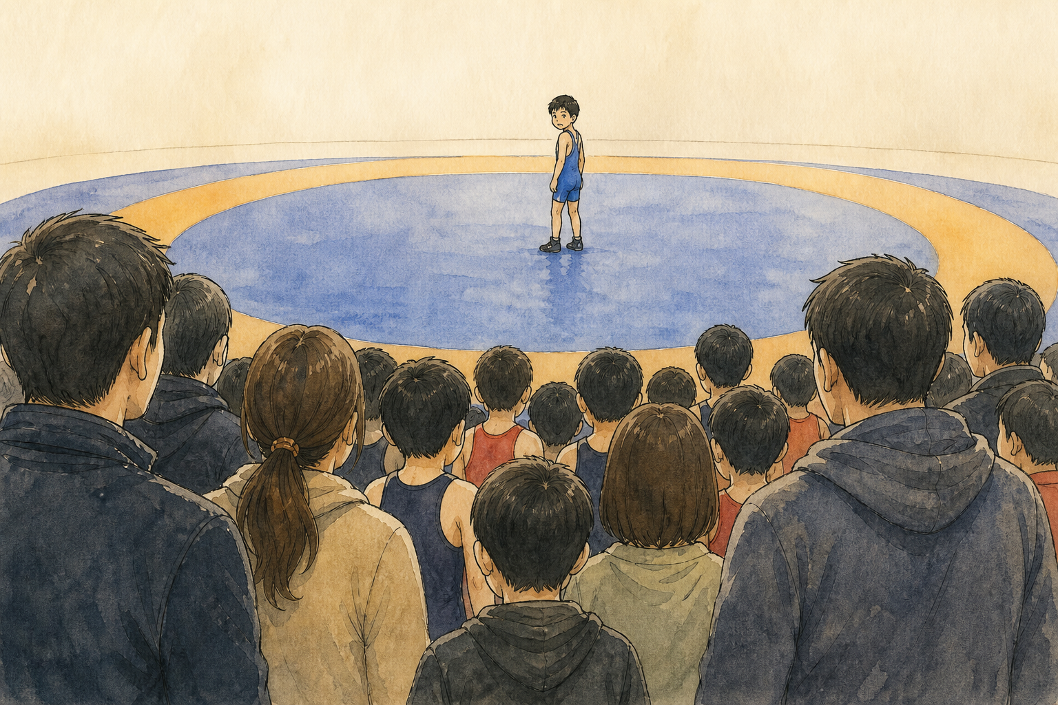 大勢の視線の先、マットの上に一人で立っている小学生