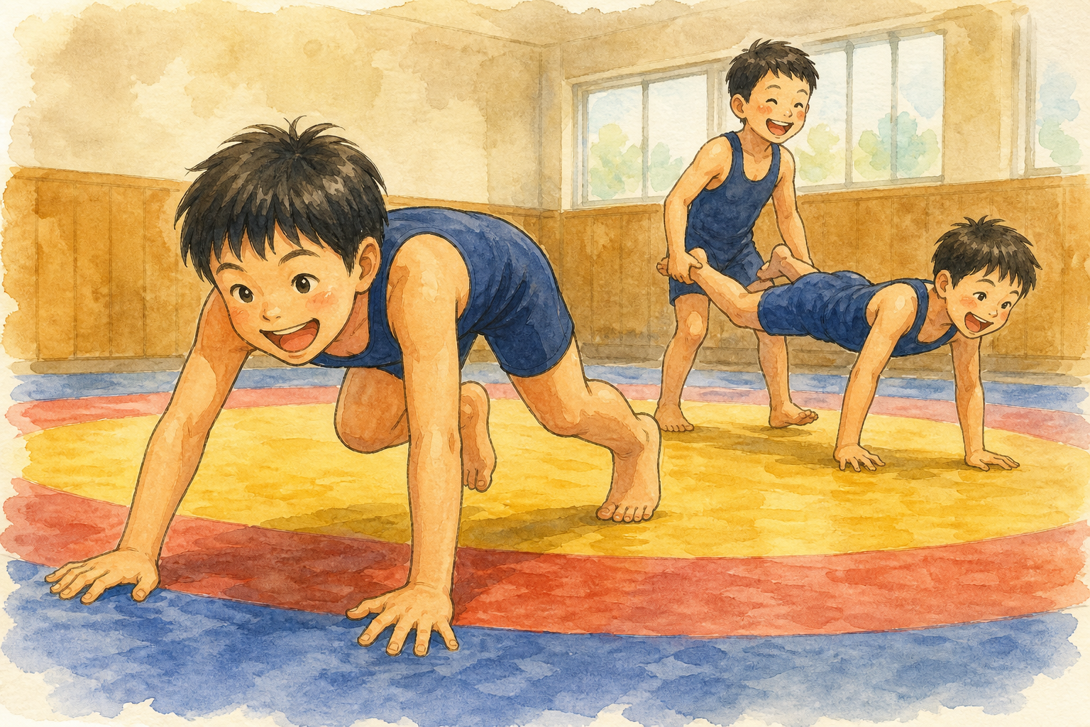 マットの上でクマ歩きや手押し車をする小学生たち