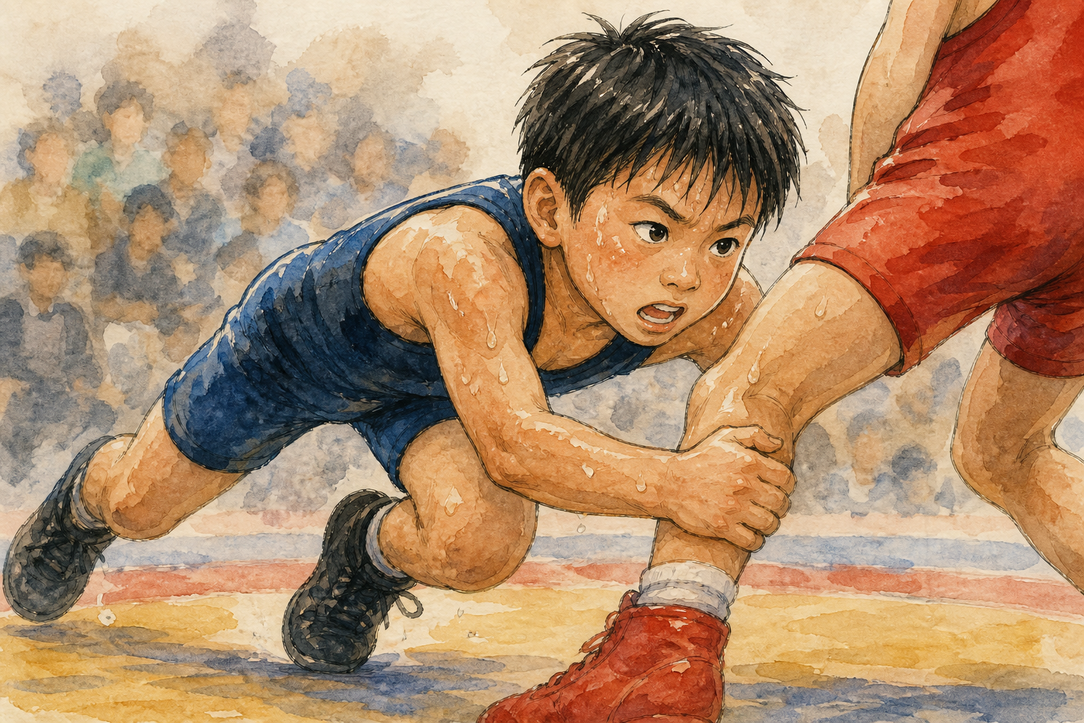 汗だくで足を止めず、相手の脚をつかみにいく小学生