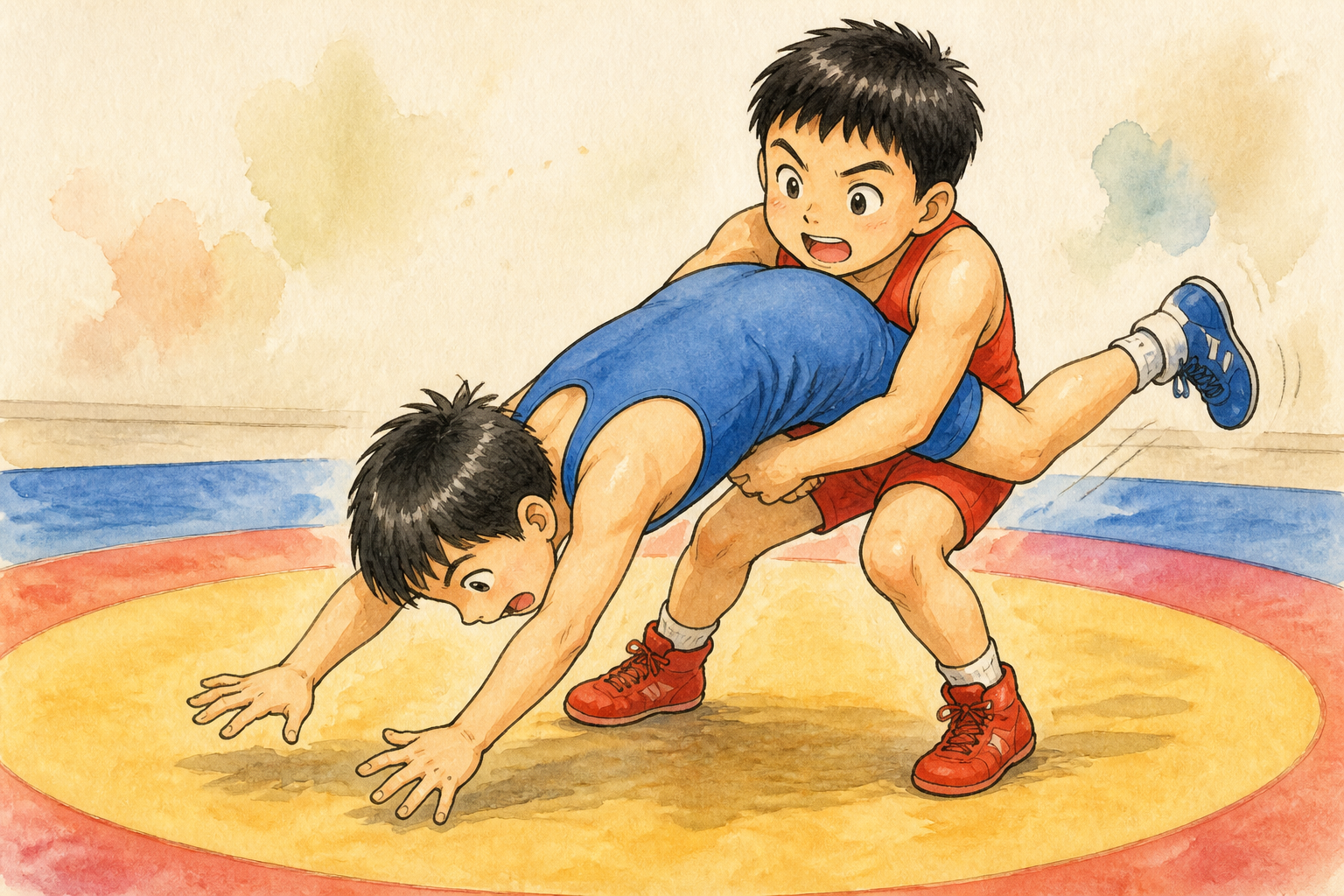 頭から突っ込んで、相手に抱えられてしまった小学生