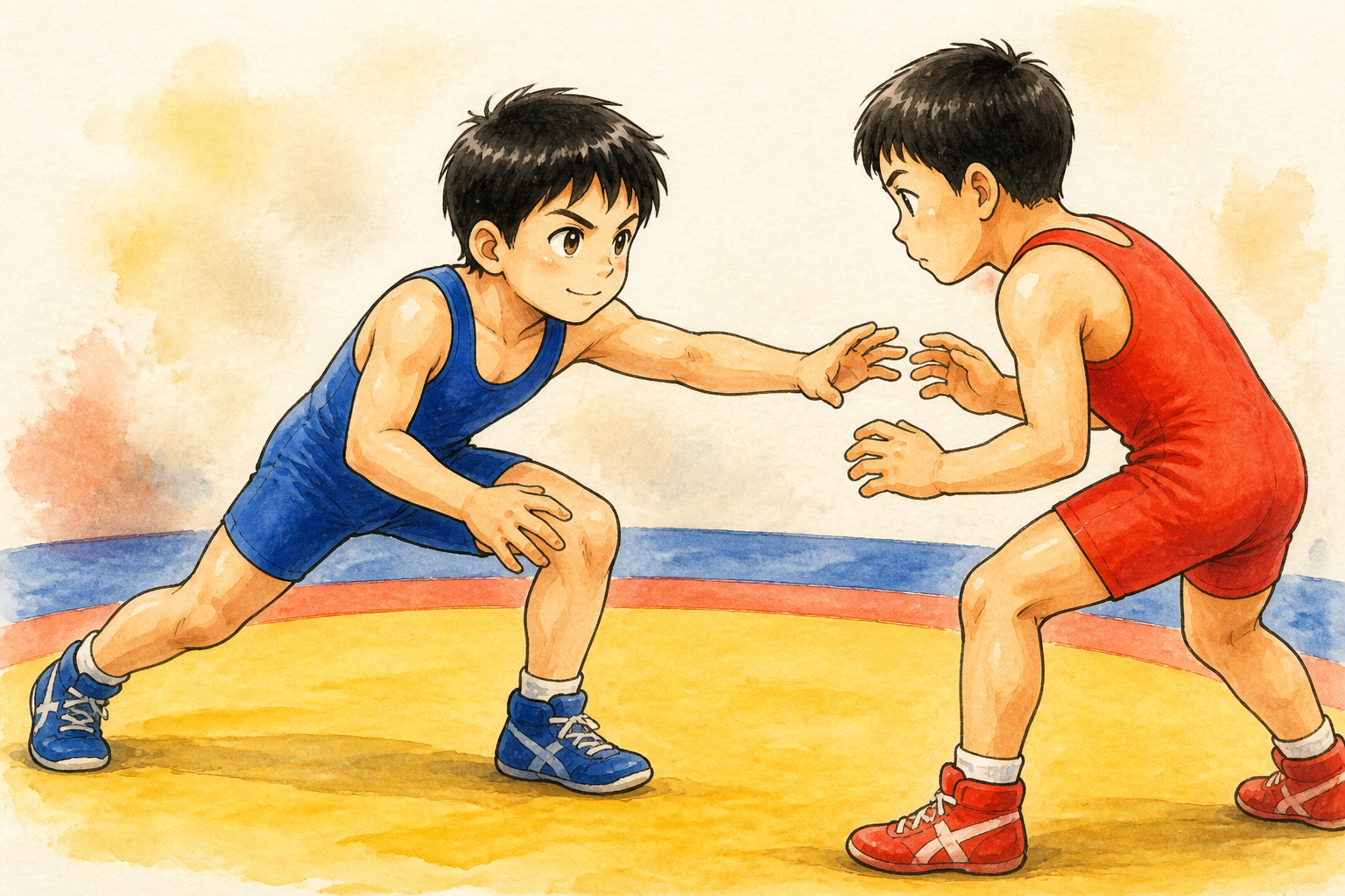 試合開始直後、自分から先に手を伸ばして相手に触れにいく小学生