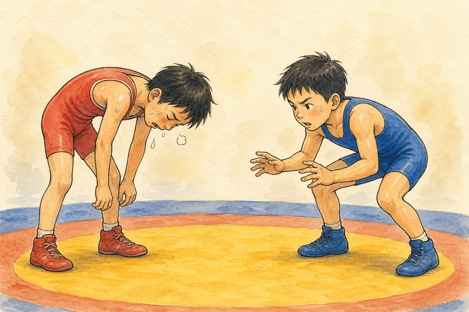 頭が下がって姿勢が崩れた子と、頭を上げて構えている子