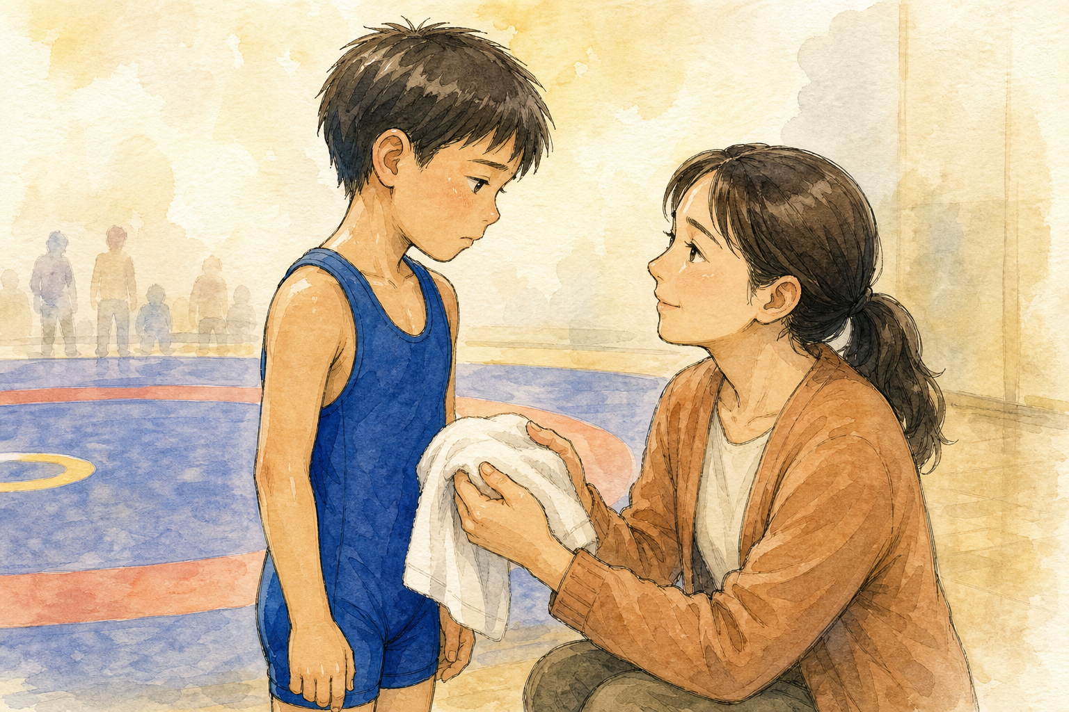 試合を終えて戻ってきた子に、タオルを渡して迎える母親