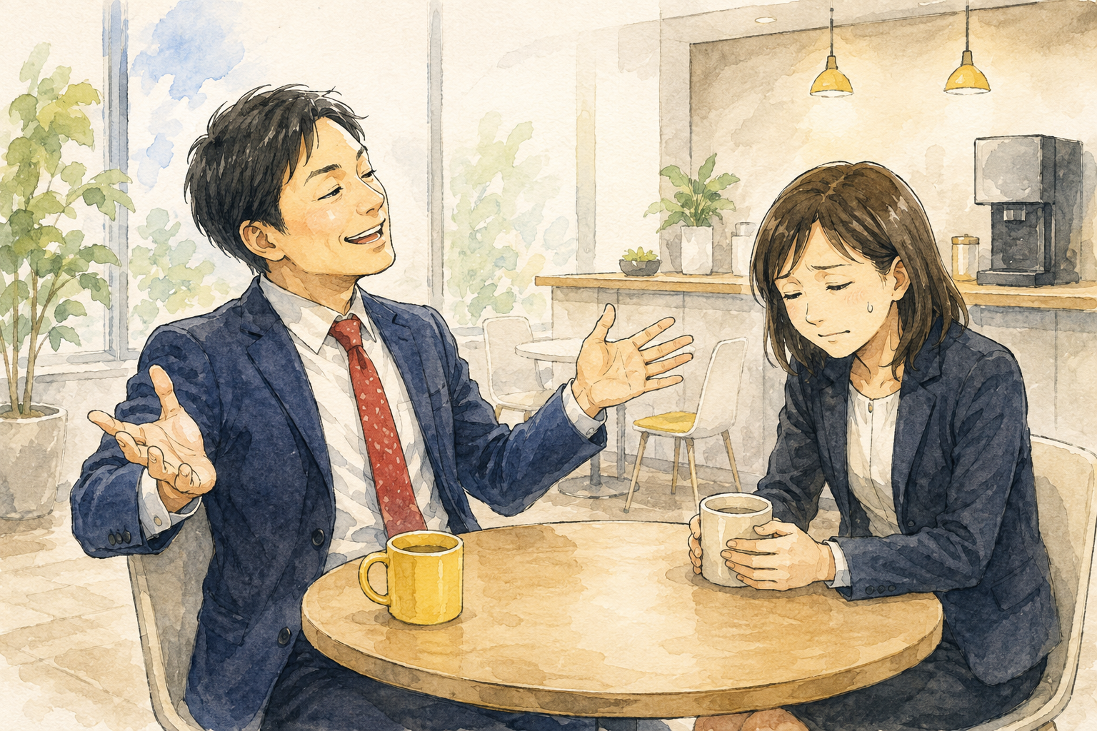 一方的に話し続ける人と、無理に笑おうとして疲れている人