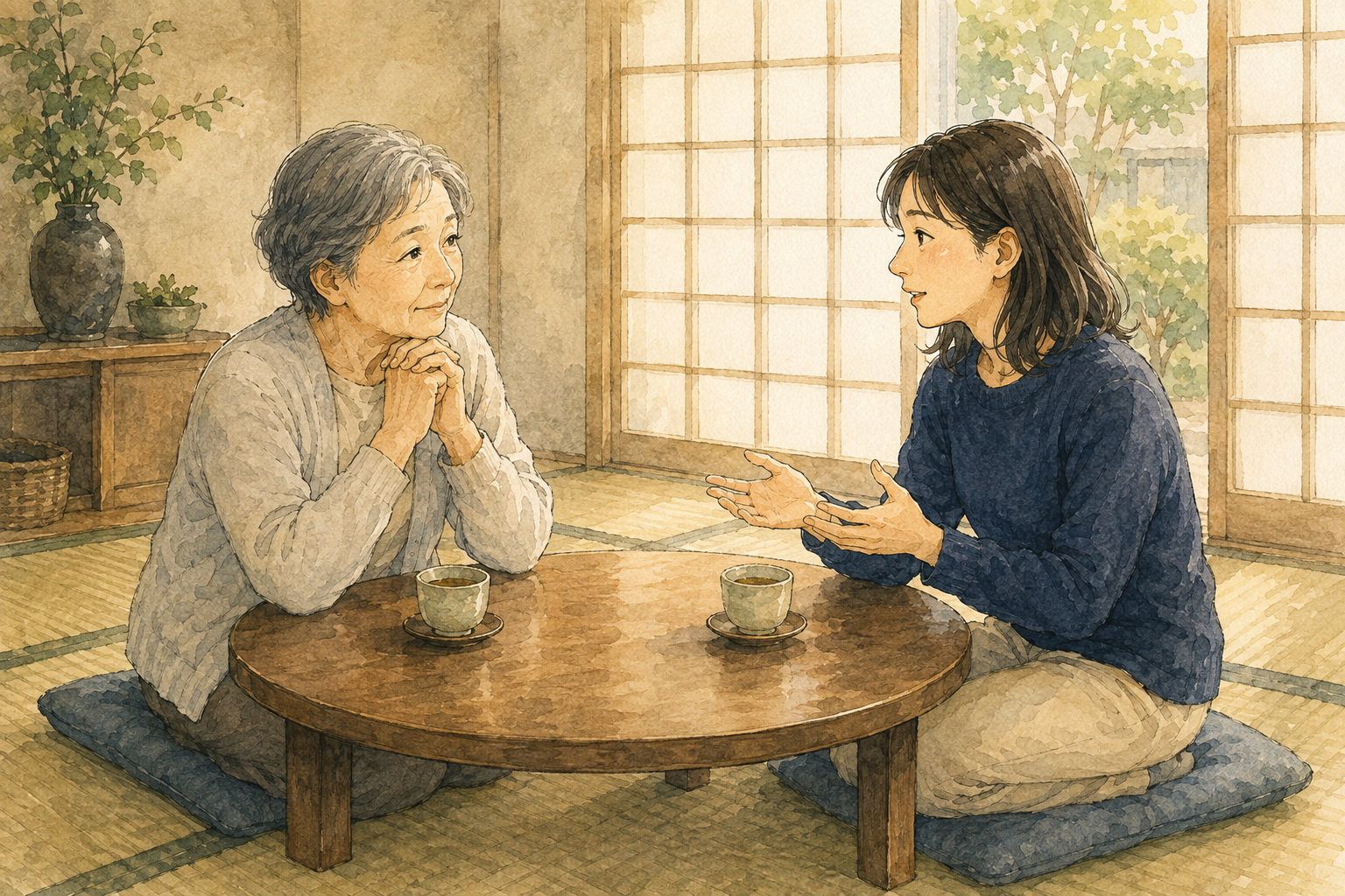 ちゃぶ台をはさんで、意見は違っても互いの話を聞いている親子