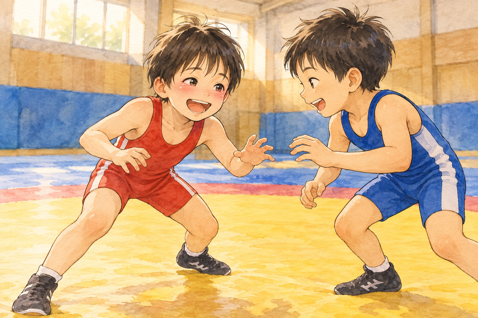 準備運動の時間、目元を少し赤くしたまま友だちと笑い合う子