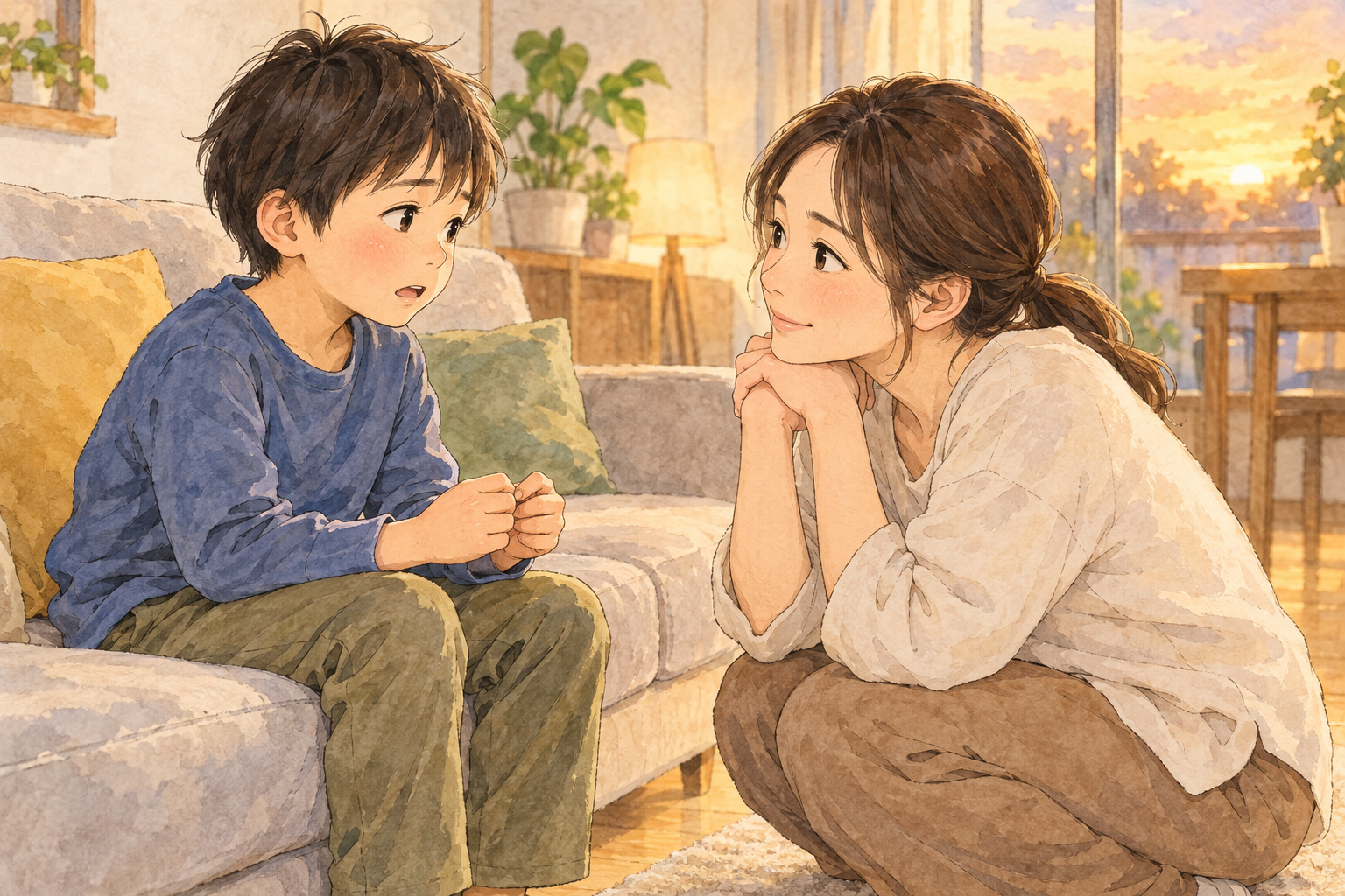 目線の高さを合わせて、子どもの話を聞くお母さん