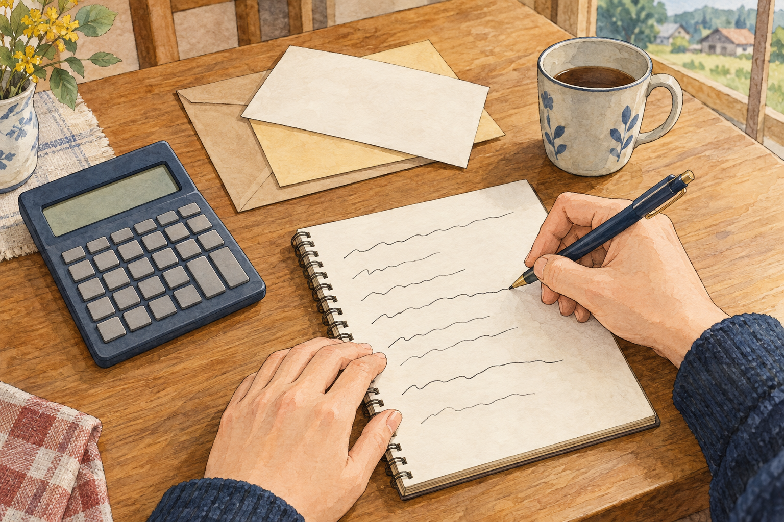 ノートに毎月の固定費を書き出している手元と電卓