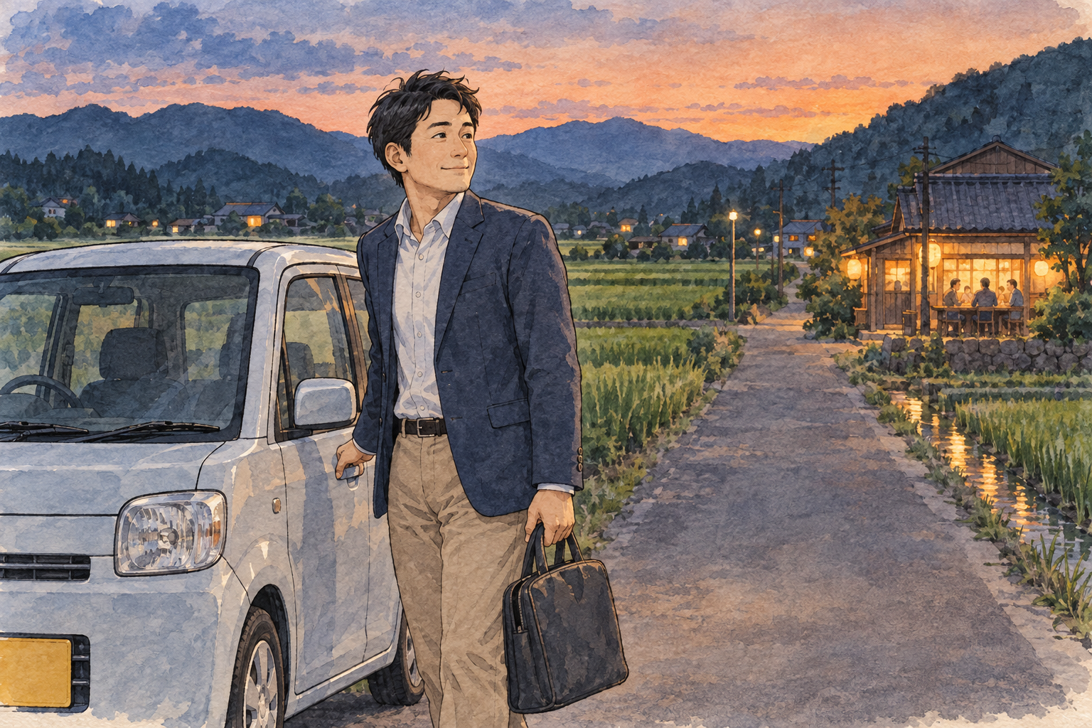 居酒屋の明かりを横目に、軽自動車で帰ろうとしている男性