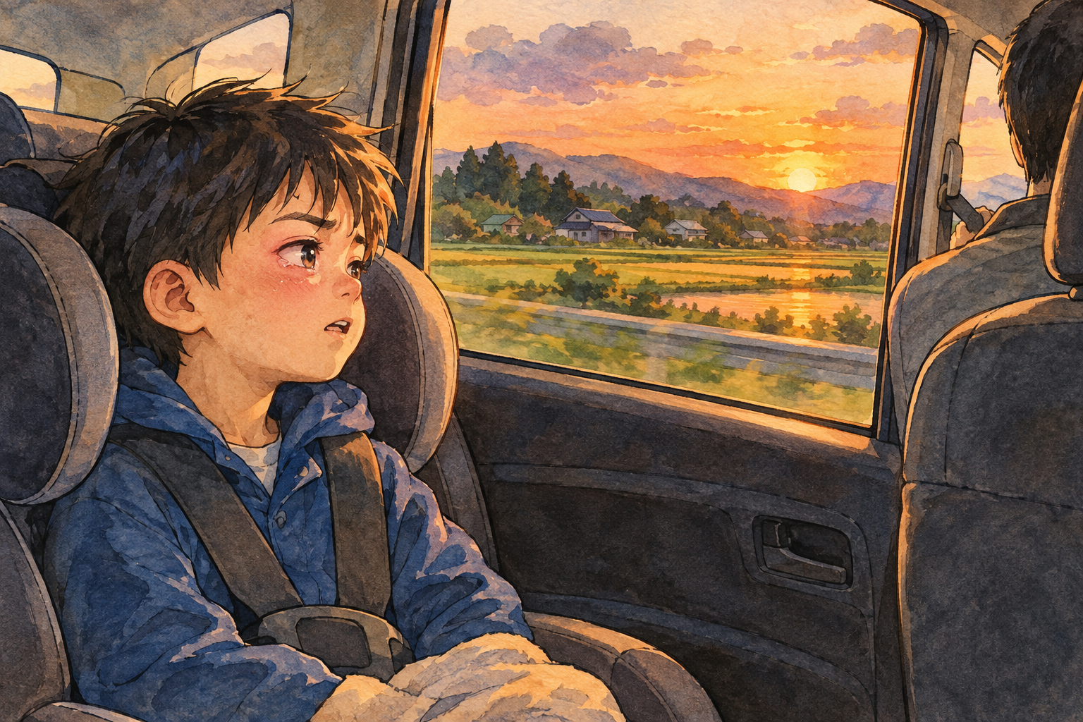 夕方の車の後部座席で、泣きはらした目のまま窓の外を見つめる幼い子