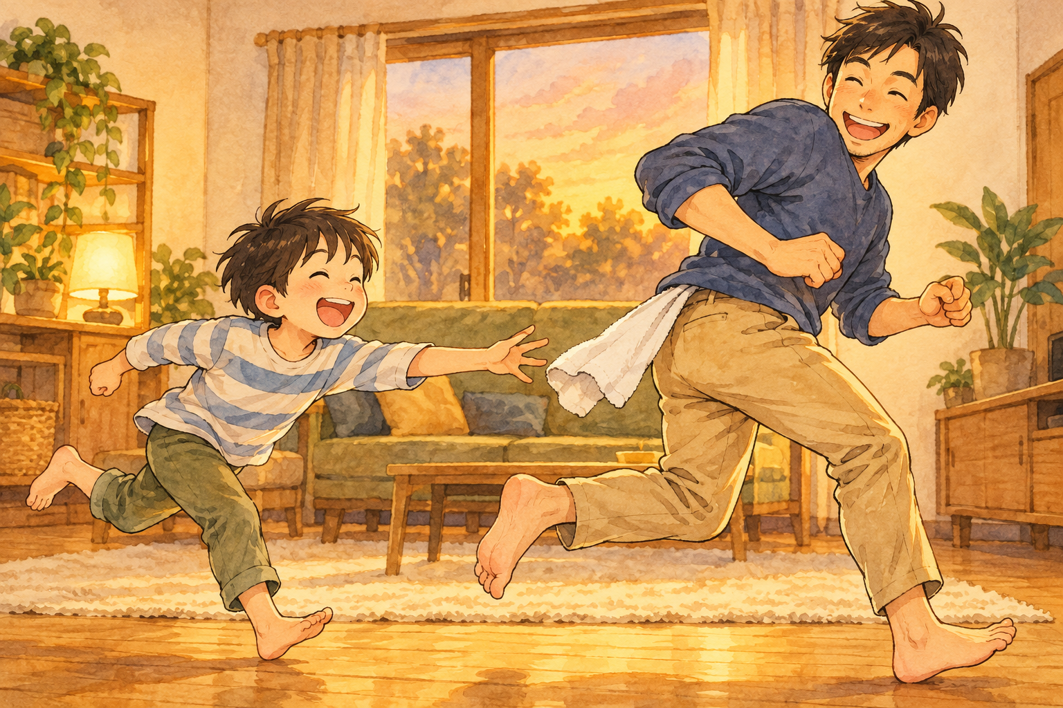 リビングでお父さんのしっぽを取ろうと手を伸ばす子ども