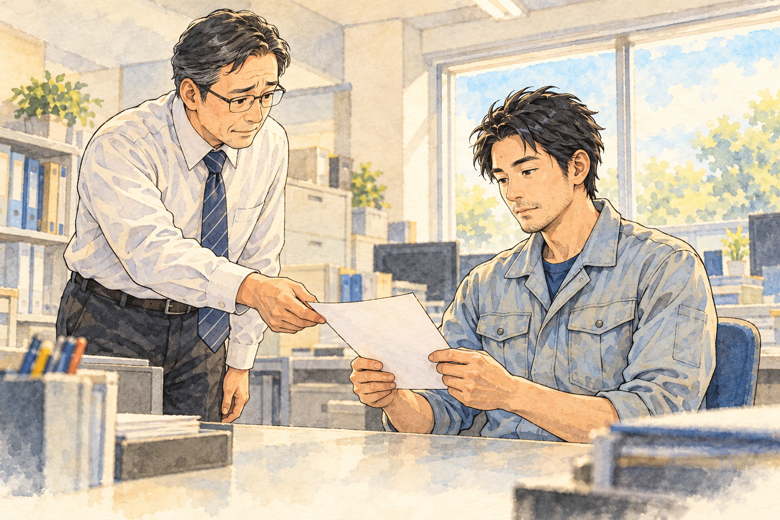 上司から1枚の紙を渡され、落ち着いた表情で受け取る作業着の男性