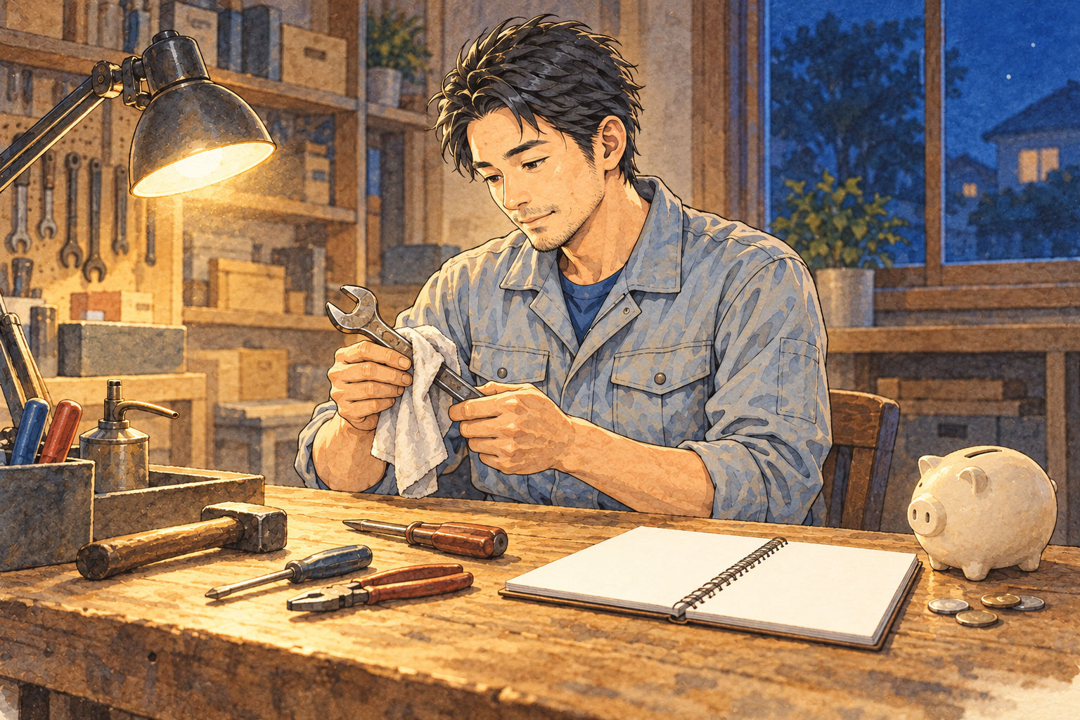 夜の作業台で、使い込んだ工具を手入れする男性。そばにノートと貯金箱