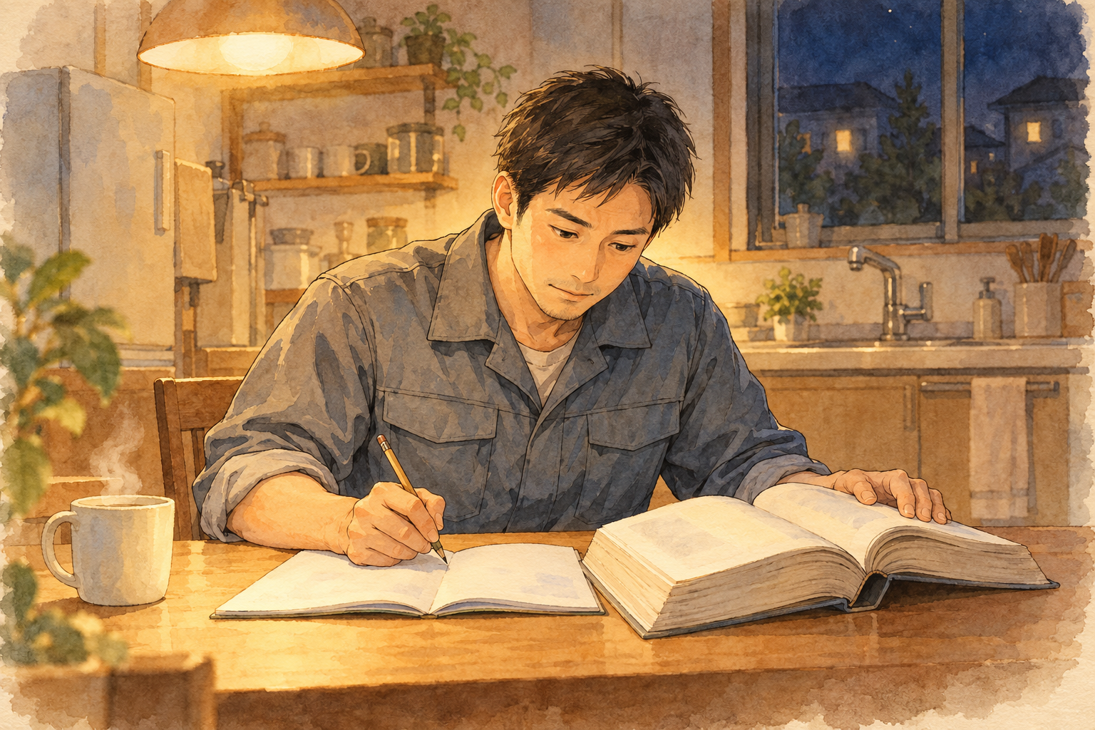 仕事から帰って、台所のテーブルで参考書を広げて勉強する男性